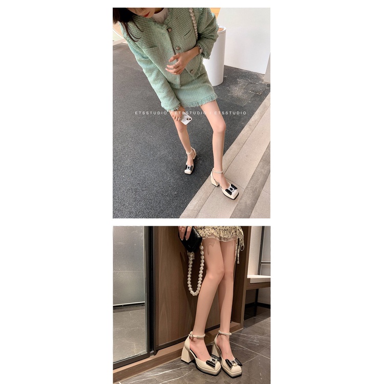 Giày Cao Gót Mũi Vuông Đính Đá Phối Nơ Xinh Xắn Dành Cho Nữ