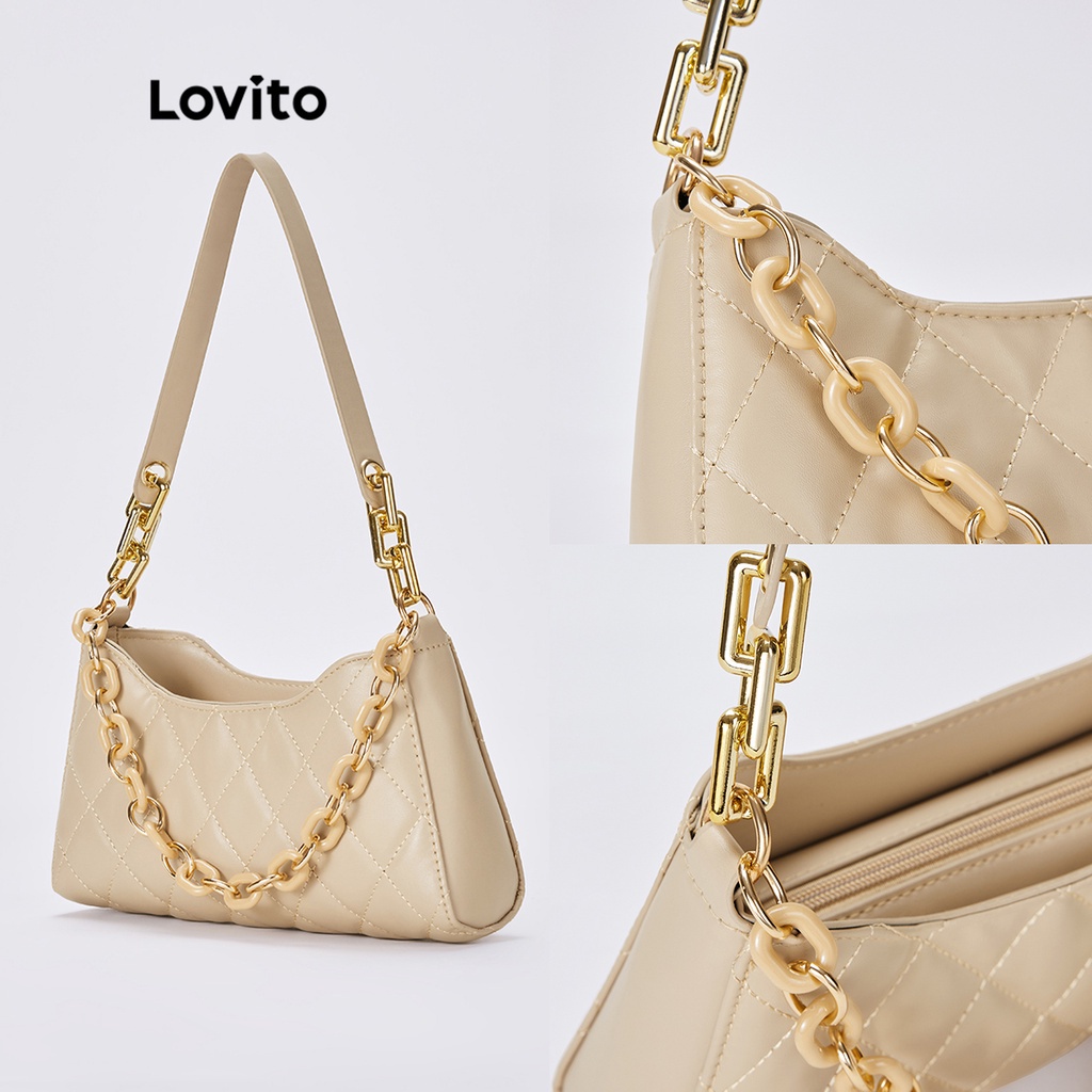 Túi đeo vai Lovito bằng vải chần hoạ tiết kim cương giản dị phối dây xích phong cách cổ điển L30BA12 (màu khaki / trắng / đen)