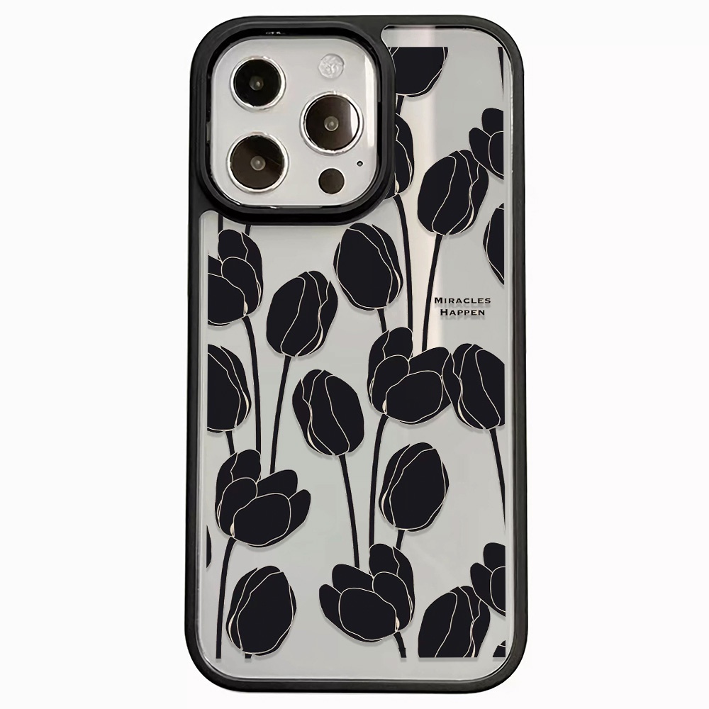 Ốp Điện Thoại Nhựa Acrylic Cứng Trong Suốt In Hình Hoa Đen Thời Trang Cho iphone 14promax 11 13 12 7Plus 8 X XS Max