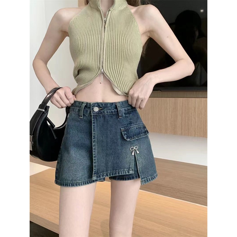 Quần Short Denim Lưng Cao Ống Rộng Lệch Tà Màu Xanh Dương Phong Cách Hàn Quốc Thời Trang Mùa Hè Mới Cho Nữ