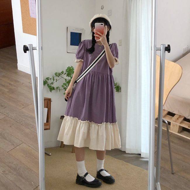 Đâm babydoll váy babydoll Đầm Tay Phồng Cổ Tròn Màu Sắc Tương Phản Phong Cách Nhật Bản Thời Trang Mùa Hè Xinh Xắn Cho Nữ