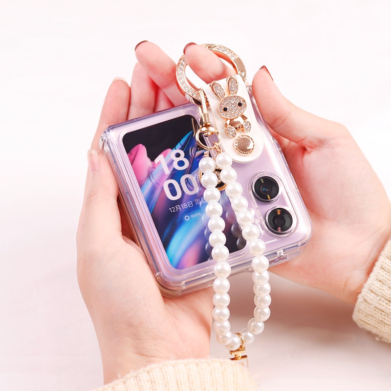 Ốp Điện Thoại Trong Suốt Nắp Gập Có Dây Vòng Tay & Ngọc Trai Hình Thỏ Cho OPPO Find n2 n2