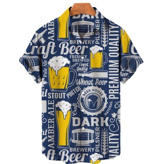  Áo Sơ Mi Nam Vintage Bia 3D In Áo Sơ Mi Hawaii Đi Biển Ahloa Áo Sơ Mi Tay Ngắn Ve Áo Mông Xuống Quần Áo Châu Âu 5XL 
