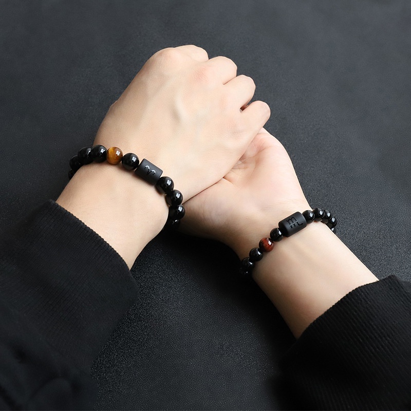 Vòng Tay Chuỗi Hạt Đá Mã Não Đen 12 Cung Hoàng Đạo Cho Cặp Đôi