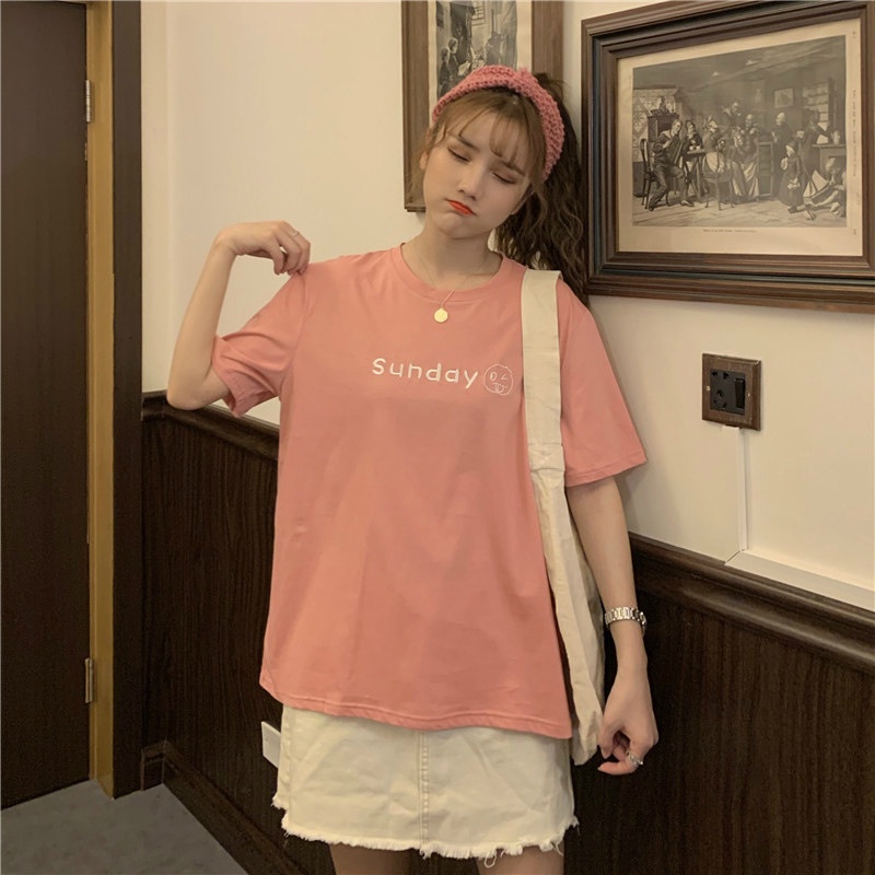 Áo Thun Nữ Ngắn Tay Cổ Tròn Thêu Chữ Phong Cách Hàn Quốc Mới