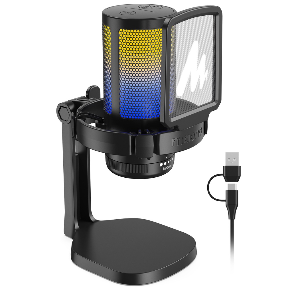 Micro Thu Âm MAONO DM20 RGB USB Condenser Ghi micro với độ điều chỉnh độ lớn và chức năng thiết lập phần mềm phù hợp cho PC, điện thoại di động, chơi game, livestream