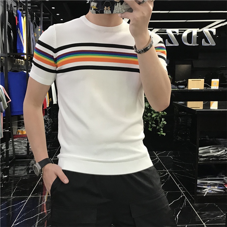 Áo Thun Dệt Kim Cổ Tròn Dáng Ôm Kẻ Sọc Thời Trang Mùa Hè Cho Nam Giới Có Size M-3xl