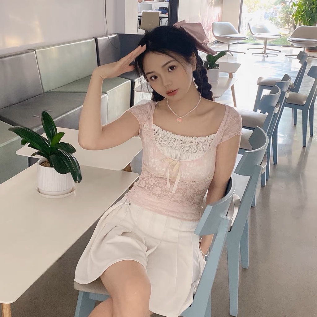 Áo Thun Crop Top Cổ Vuông Tay Ngắn Phối Ren Thời Trang Mùa Hè Cho Nữ