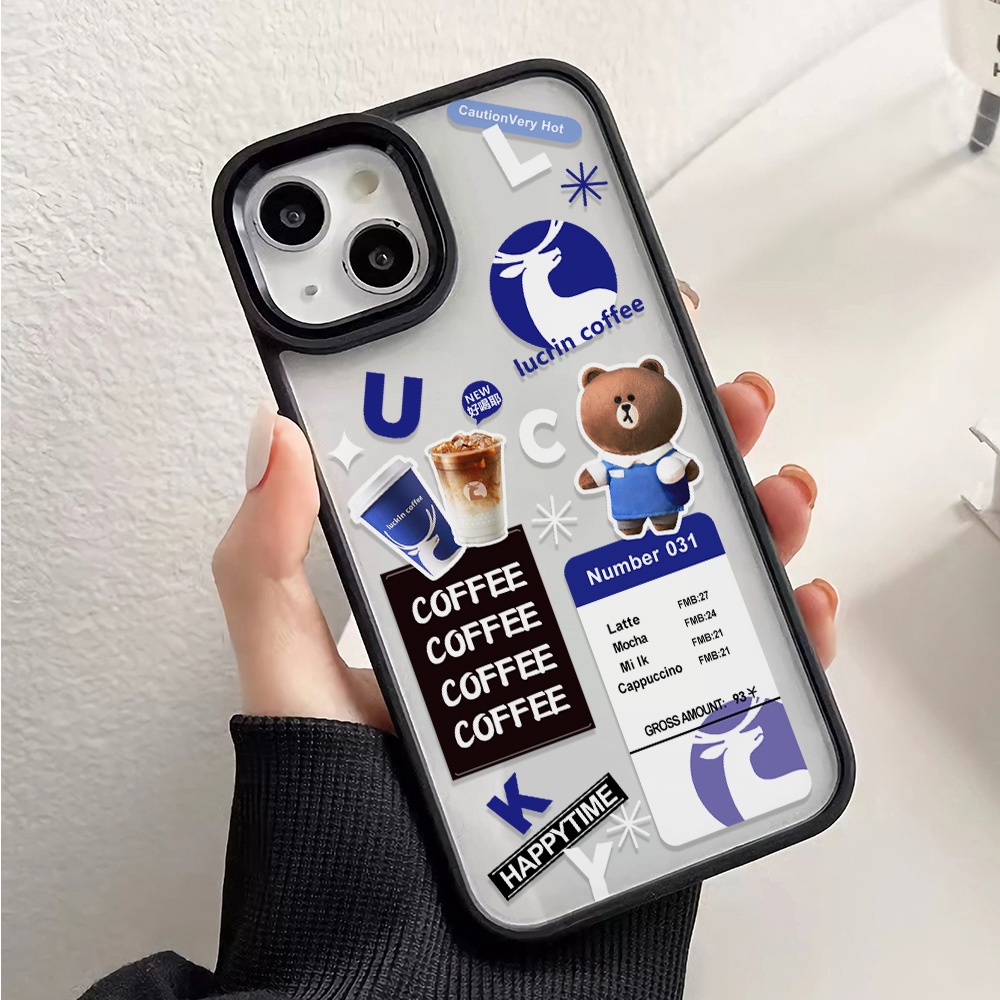 Ốp Điện Thoại Nhựa Acrylic Cứng Trong Suốt In Hình Gấu Cà Phê Cho iphone 14promax 11 13 12 7Plus 8 X XS Max