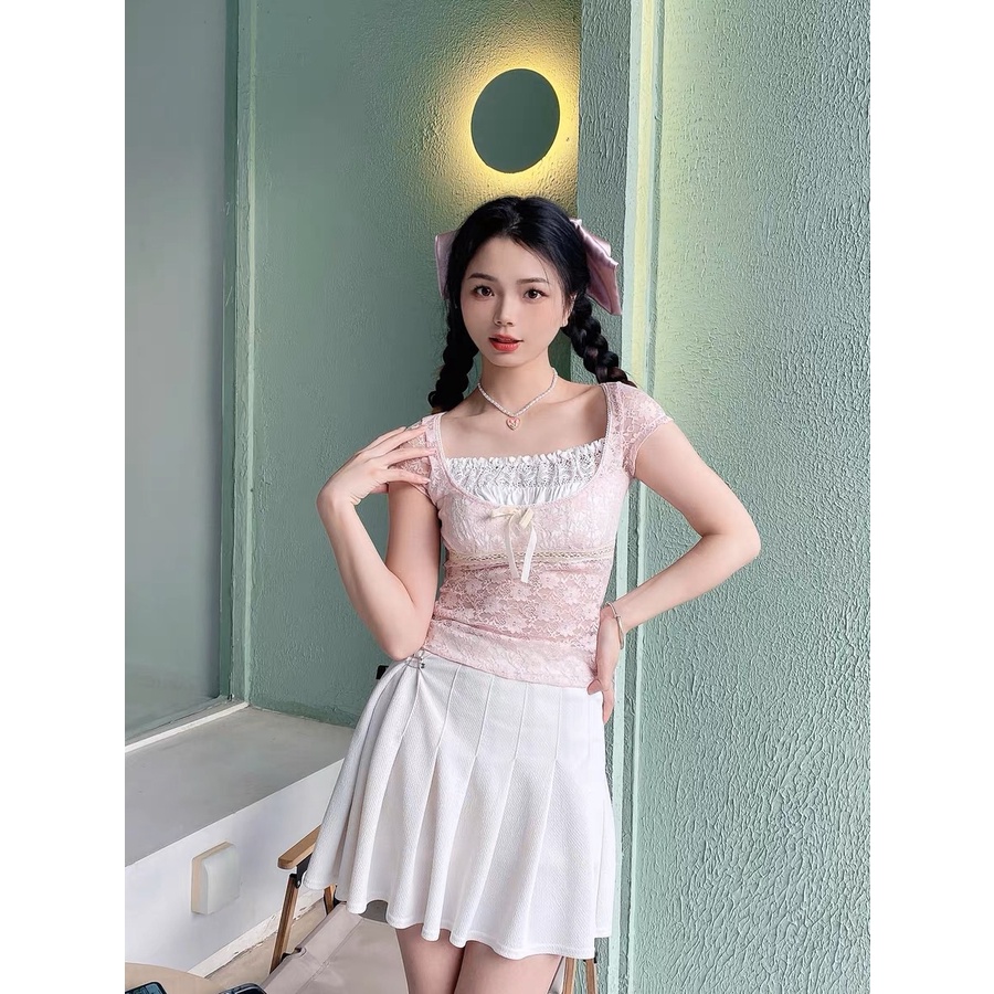 Áo Thun Crop Top Cổ Vuông Tay Ngắn Phối Ren Thời Trang Mùa Hè Cho Nữ