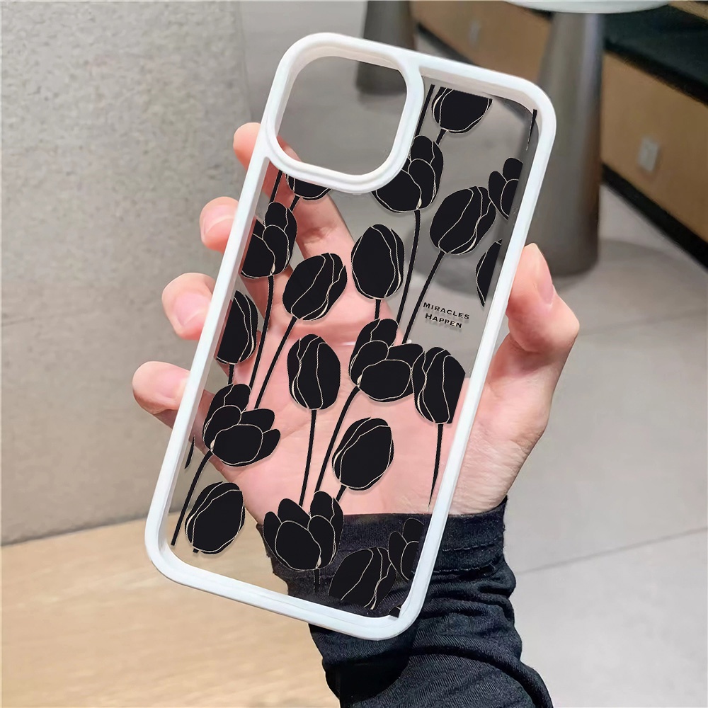 Ốp Điện Thoại Nhựa Acrylic Cứng Trong Suốt In Hình Hoa Đen Thời Trang Cho iphone 14promax 11 13 12 7Plus 8 X XS Max