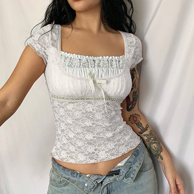 Áo Thun Crop Top Cổ Vuông Tay Ngắn Phối Ren Thời Trang Mùa Hè Cho Nữ