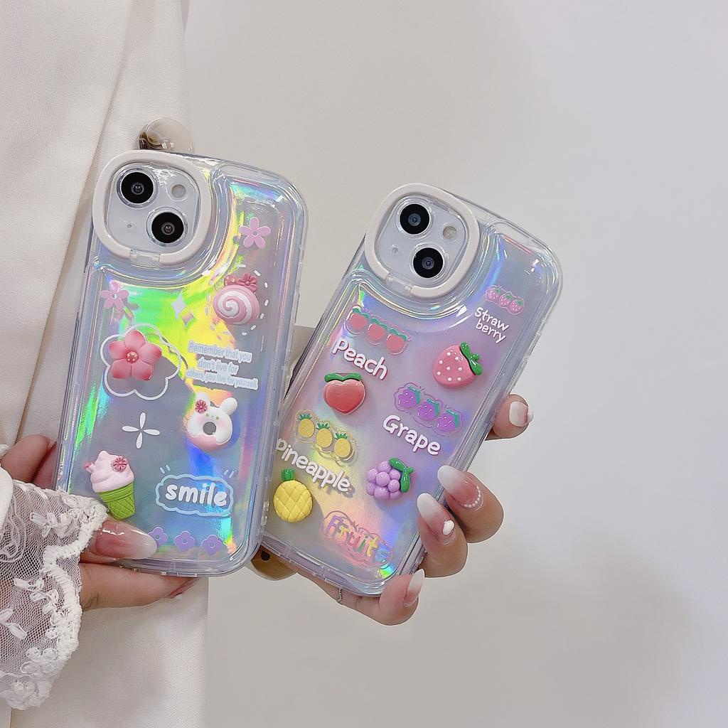 Ốp Điện Thoại Màu laser Họa Tiết Hoa / Trái Cây 3D Kèm Giá Đỡ Cho IPhone 14promax 14pro 13promax 12 1