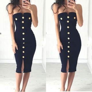 váy nữ  chân váy  Đầm Nữ, ​​Đầm Ống Phối Nút Phong Cách Quyến Rũ Bandeau Không Tay Gợi Cảm Màu Xanh Đậm S/m/l/L/XL Thời Trang Bodysuit Váy Bút Chì Mini Không Tay Gợi Cảm
