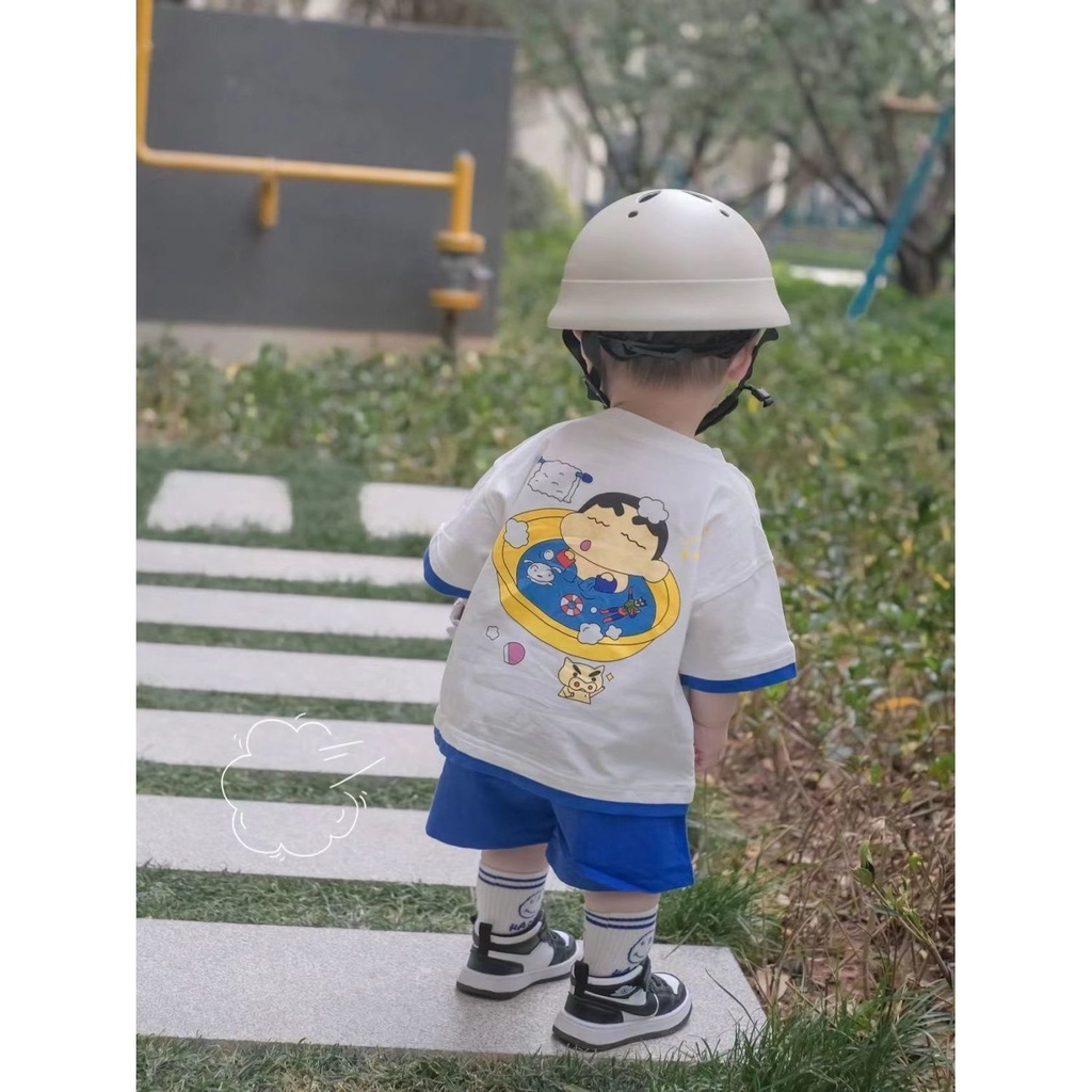 Bộ Áo Thun Cotton Tay Ngắn In Hoạt Hình Cậu Bé Bút Chì Shin-Chan Phối Quần Short Thời Trang Mùa Hè Cho Bé