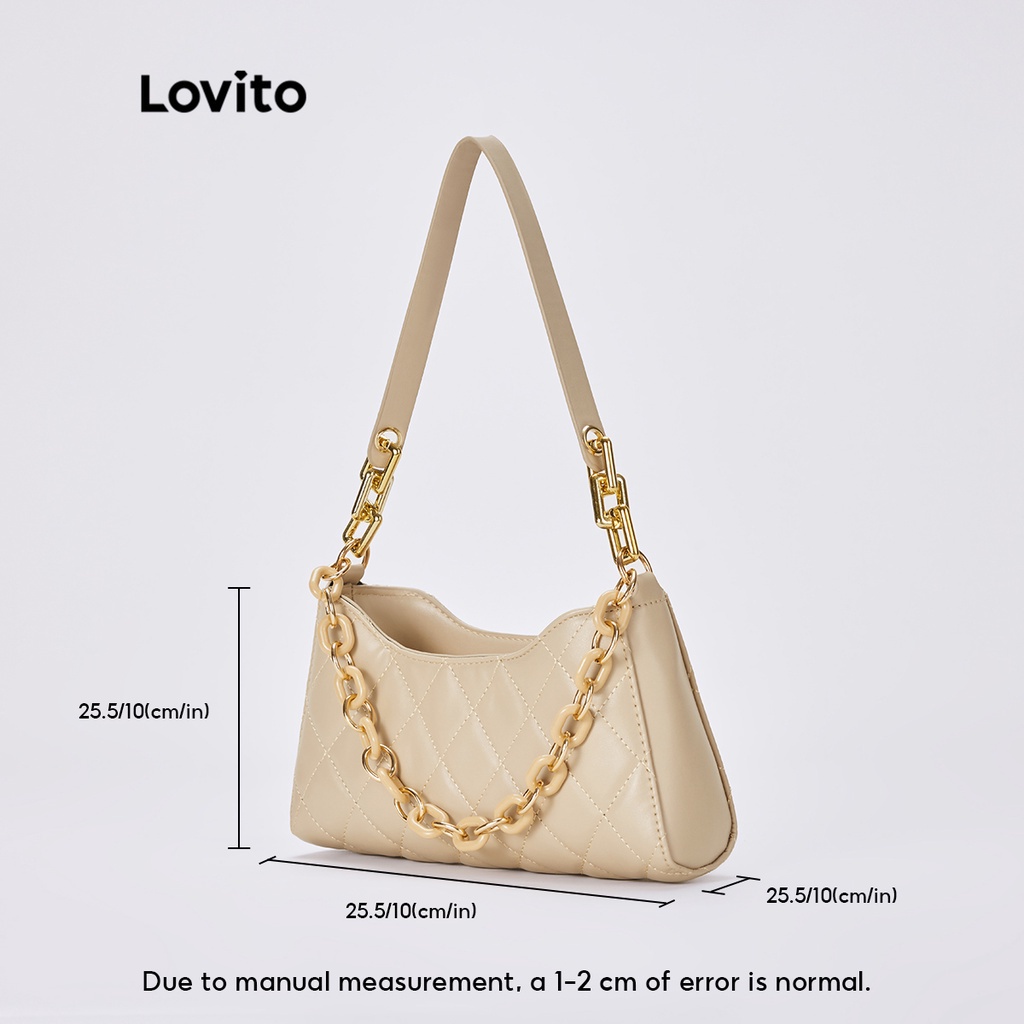 Túi đeo vai Lovito bằng vải chần hoạ tiết kim cương giản dị phối dây xích phong cách cổ điển L30BA12 (màu khaki / trắng / đen)