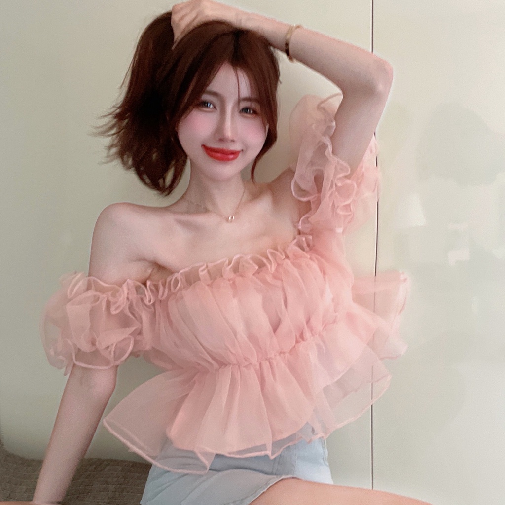 ZHELIHANGFEI Áo Chiffon Tay Phồng Ngắn Trễ Vai Lưng Cao Kiểu Dáng Ngọt Ngào