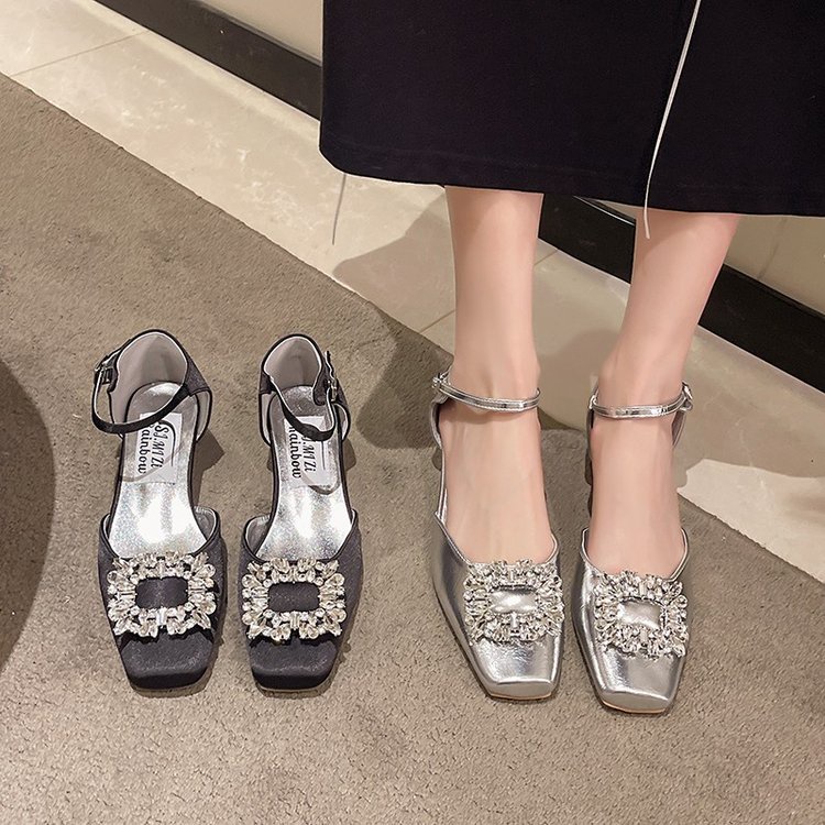 Giày Cao Gót Mũi Vuông Đính Đá Thời Trang Cho Nữ