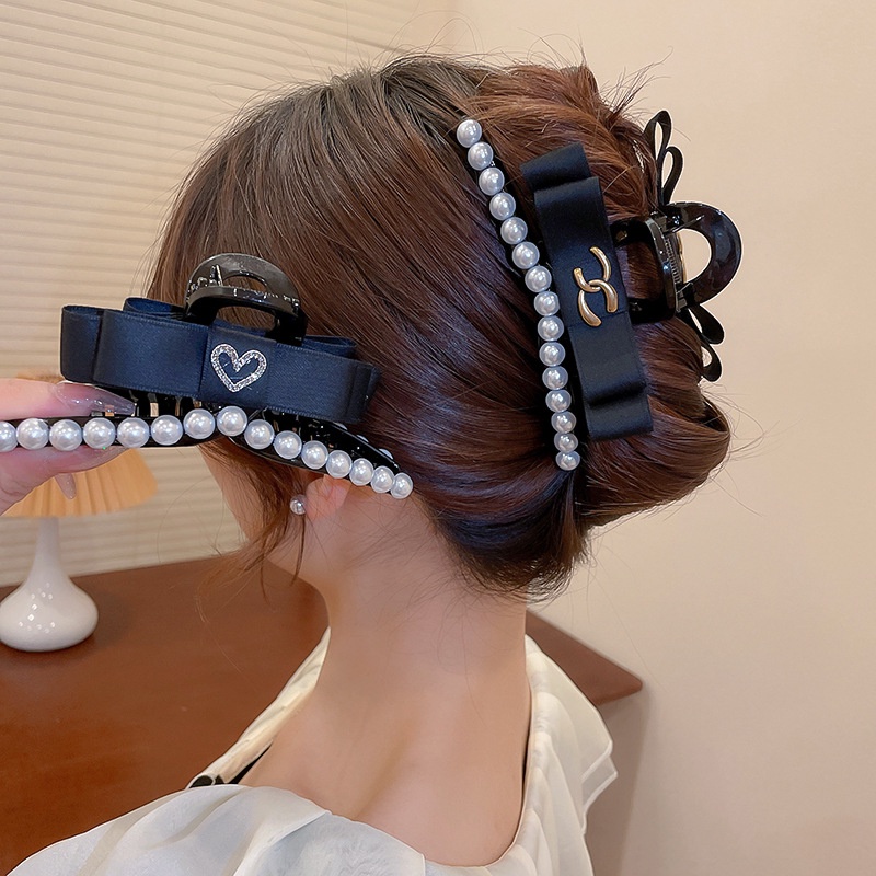 Kẹp Tóc Hình Nơ Đính Ngọc Trai Đen Phong Cách Hàn Quốc Chất Lượng Cao