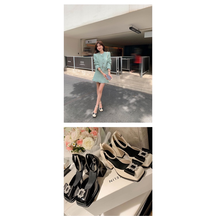 Giày Cao Gót Mũi Vuông Đính Đá Phối Nơ Xinh Xắn Dành Cho Nữ