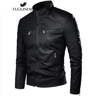 Fuguiniao 2021 Thời Trang Mới Thu Đông Nam Áo Khoác Da Plus Size 4XL Đen Nâu Nam Đứng Cổ Áo Khoác Da Biker Áo Khoác M-4XL