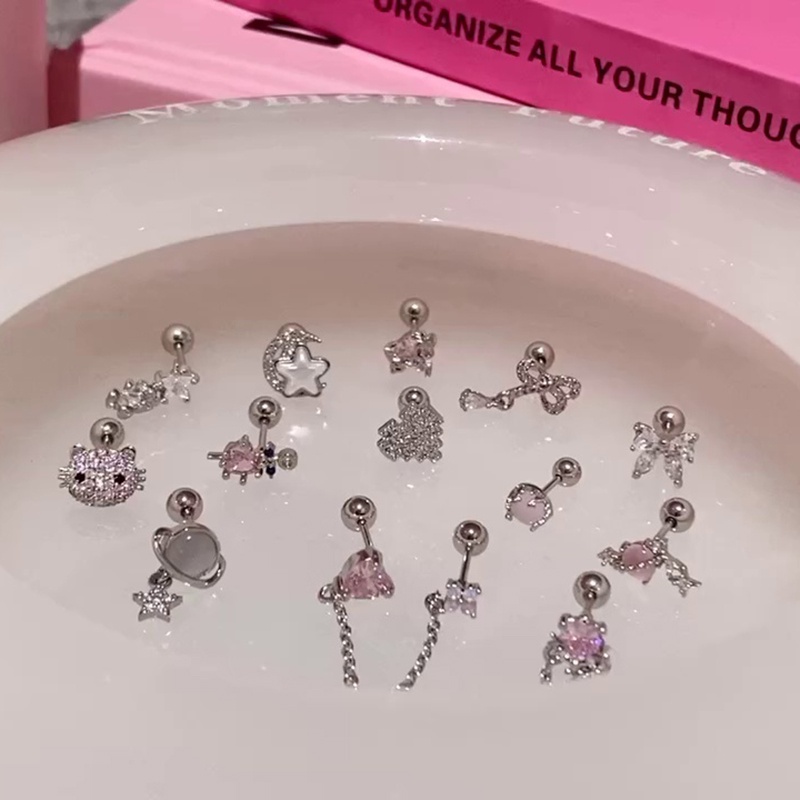 Bông Tai Mạ Bạc 925 Hình Nơ / Trái Tim Đính Đá Zircon Hồng Dễ Thương Cho Nữ