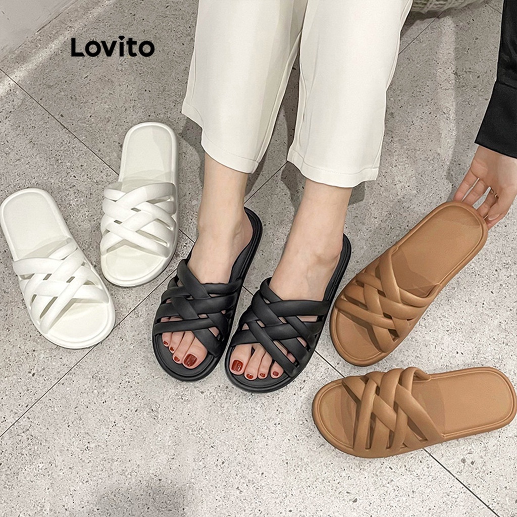 Lovito Casual Trơn Thời trang Hàn Quốc Cầu trượt mềm mại mùa hè Cầu trượt trong nhà và ngoài trời Phòng tắm Vòi hoa sen Dép hở ngón bện cho nữ LIS02008 (Kaki/Trắng/Xanh lá cây/Đen)