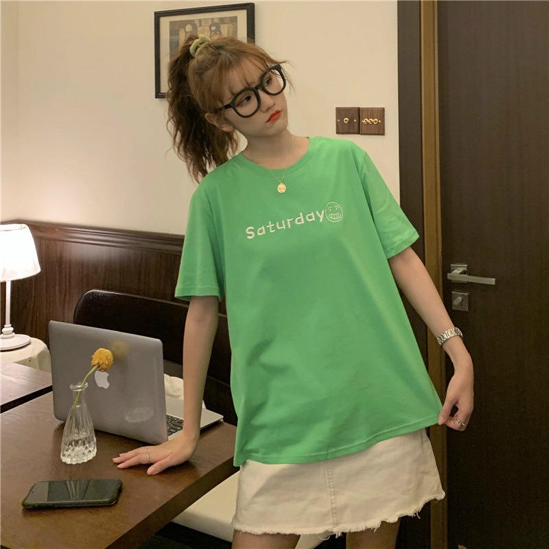 Áo Thun Nữ Ngắn Tay Cổ Tròn Thêu Chữ Phong Cách Hàn Quốc Mới