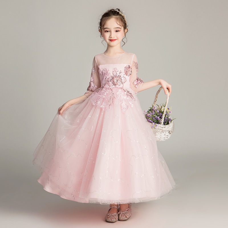 Váy dạ hội dành cho trẻ em Quần áo vừa và lớn cưới công chúa bé gái trung tay biểu diễn Người dẫn chương trình catwalk