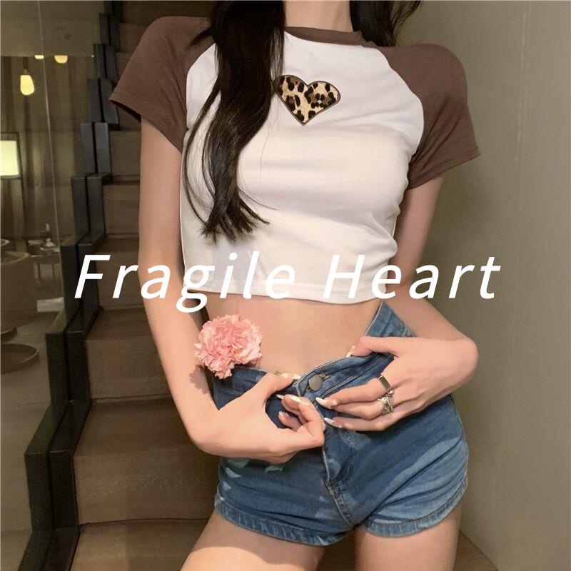 áo croptop Áo Thun Ngắn Tay Màu Sắc Tương Phản Họa Tiết Da Báo Phong Cách Âu Mỹ Cho Nữ