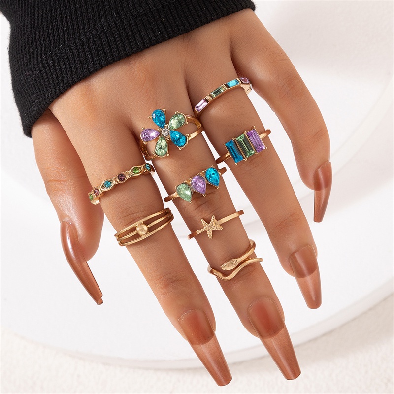 Bộ 8 Nhẫn Mạ Vàng 18k Đính Đá Nhiều Màu Sắc Thời Trang Cho Nữ