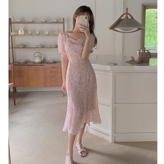 Đầm Midi voan ngắn tay phong cách Hàn Quốc Váy ngày lễ hoa cổ điển phong cách Hàn Quốc