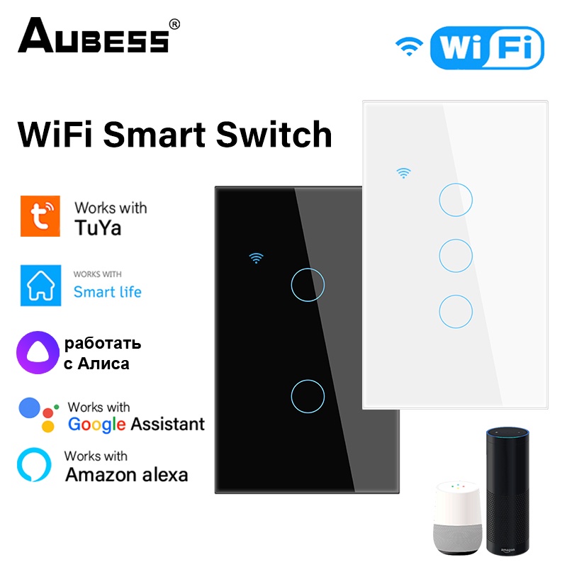 Công tắc thông minh wifi AUBESS Tuya đèn gắn tường Eu/Us 1/2/3/4 điều khiển từ xa cảm ứng/giọng nói/ứng dụng loại 86/120