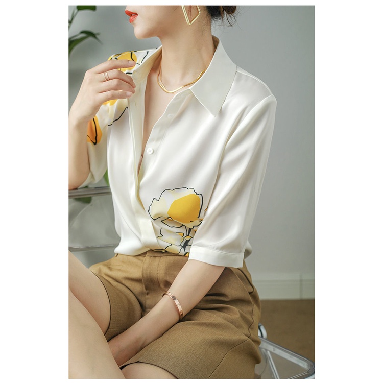 Áo Sơ Mi Chiffon Satin Ngắn Tay In Họa Tiết Tương Phản Thời Trang Mùa Hè