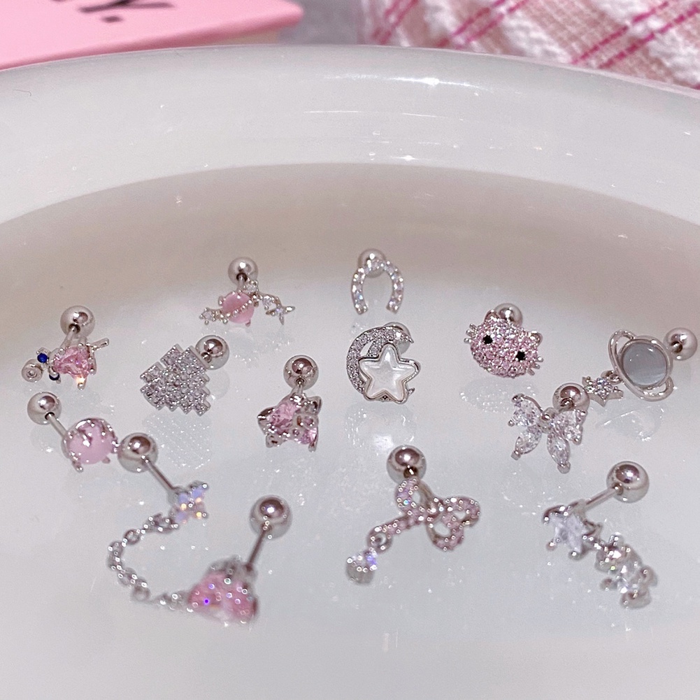 Bông Tai Mạ Bạc 925 Hình Nơ / Trái Tim Đính Đá Zircon Hồng Dễ Thương Cho Nữ