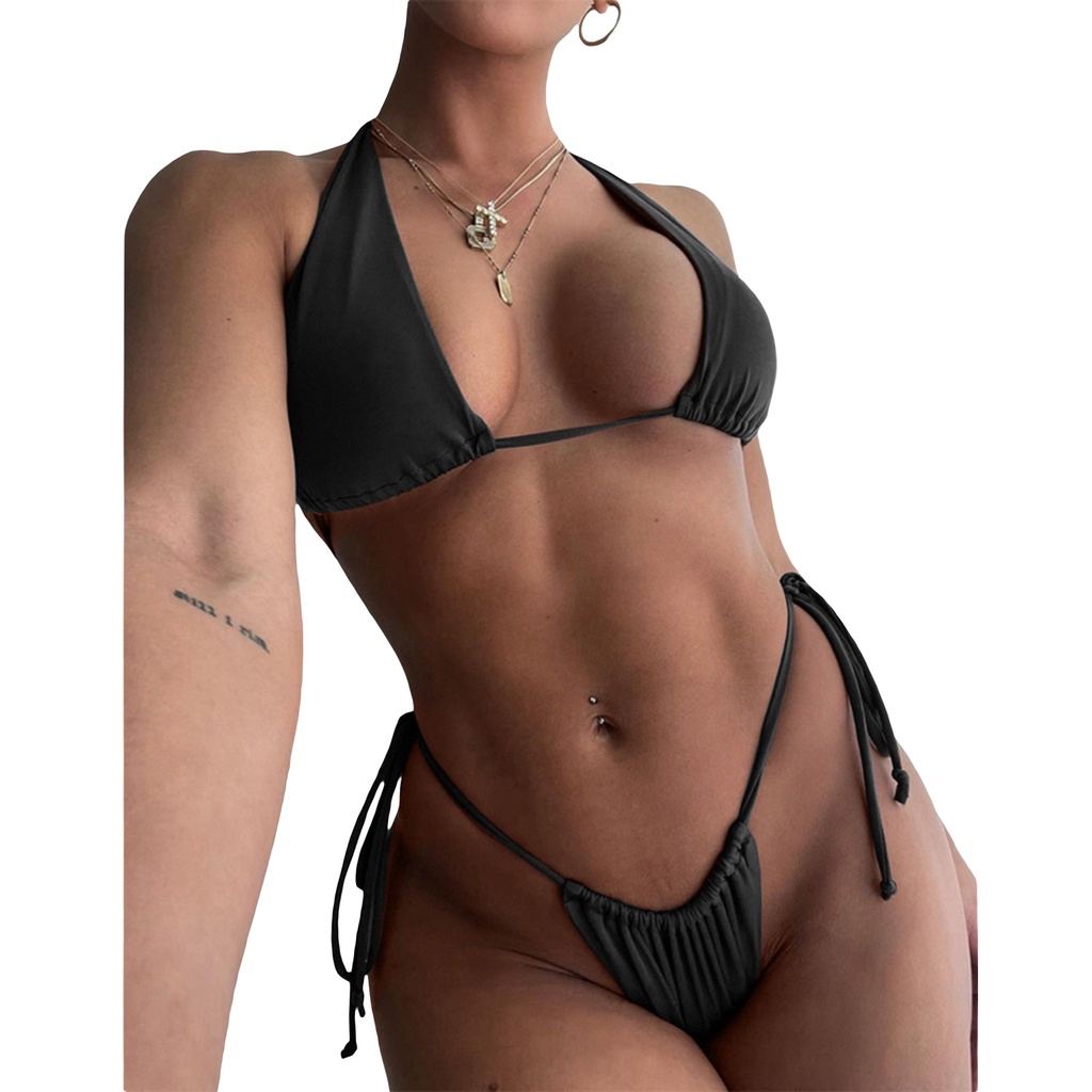 BAY-Women’s Sexy Two Piece Bikini Suits Fashion Solid Color Halter Tops and Tie-up Mid-waist Thong | BigBuy360 - bigbuy360.vn
