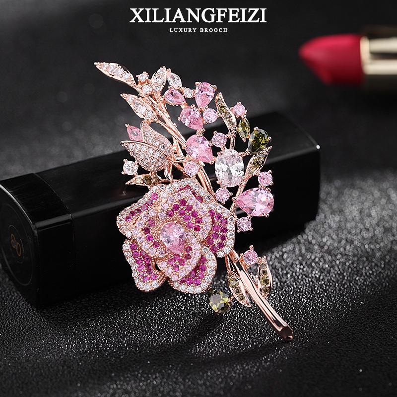 XILIANGFEIZI Trâm Cài Áo Hình Hoa Hồng Đính Đá Zircon Cao Cấp Ghim Hoa Phụ Kiện Quần Áo Thanh Lịch Quà Tặng Sang Trọng Cho Phụ Nữ