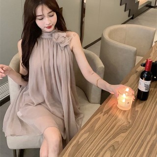 Đầm Không Tay Cao Cổ Xếp Ly Màu Trơn Đính Nơ Thời Trang Mùa Hè Hàng Mới Dành Cho Bạn Nữ