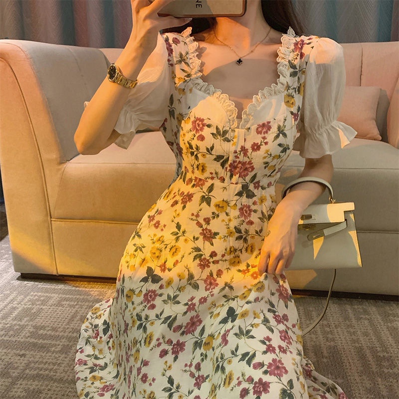 French Long Skirt High Grade Small Fragrance Wind Super Immortal Sweet Sen Series Bubble Sleeve Fragmented Flower Dress Women's Summer 2023 New