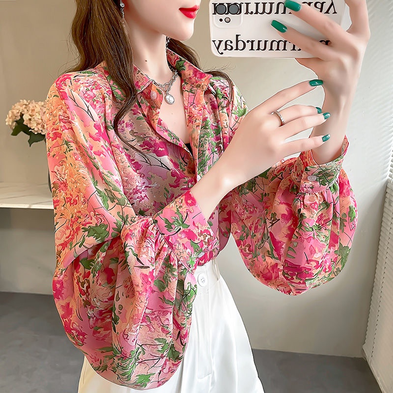 Áo Sơ Mi Chiffon Tay Dài Phồng Dáng Rộng In Họa Tiết Màu Hồng Thời Trang Cho Nữ