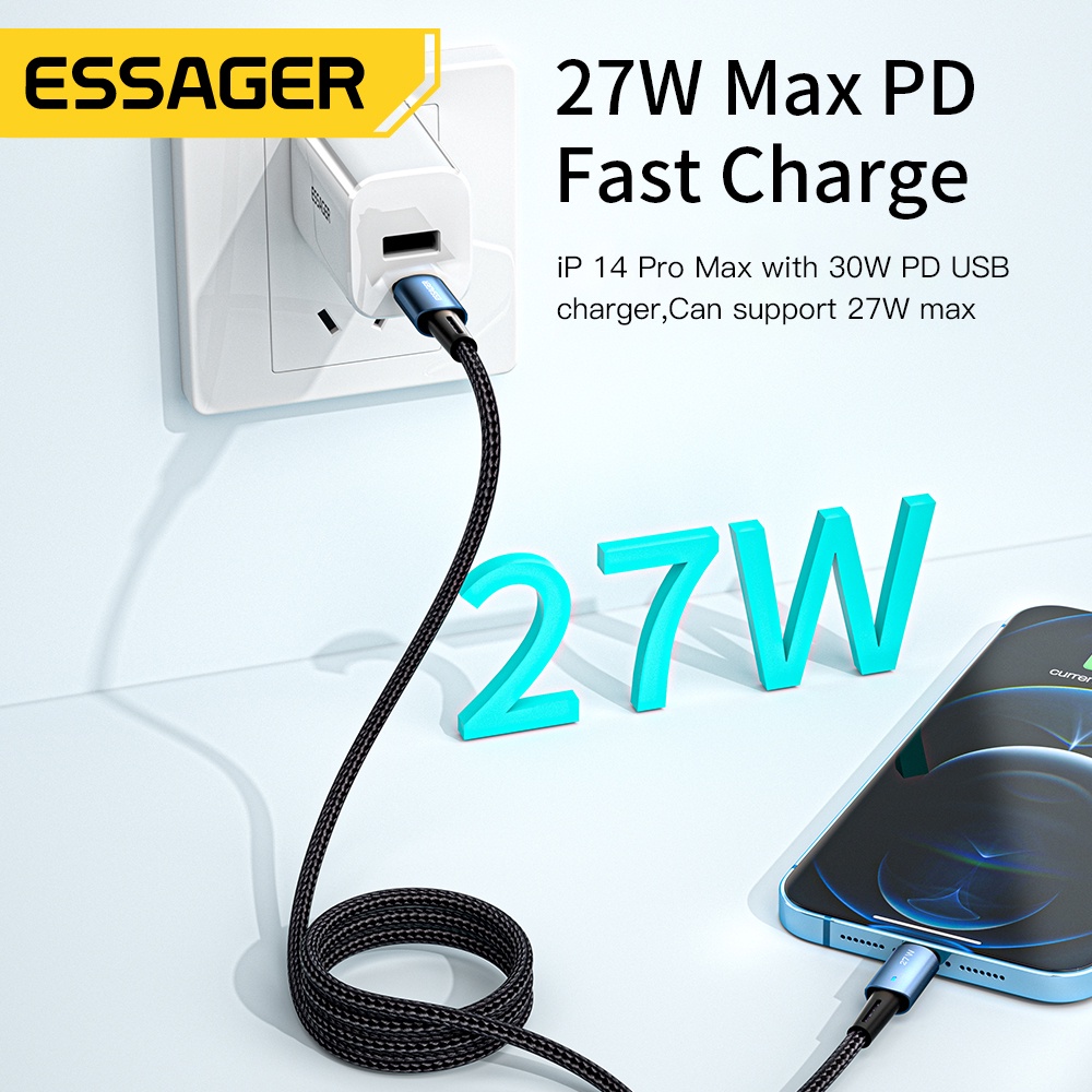 Dây cáp sạc nhanh ESSAGER 27w PD USB c sang L ip Type c thích hợp cho ios 7- IP14 Pro max 30w