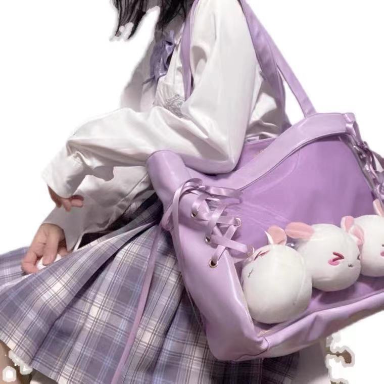 Túi canvas Đeo Chéo Trong Suốt Đính Búp Bê Dễ Thương Phong Cách Nhật Bản