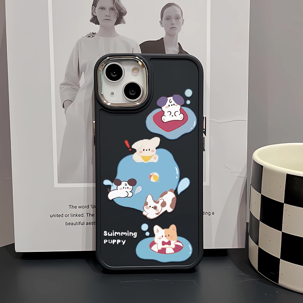 Ốp Điện Thoại Silicone Khung Kim Loại In Hình Chú Cún Bơi Lội Thời Trang Cho iphone 14ProMax 11 13 12 7Plus 8 X XS Max