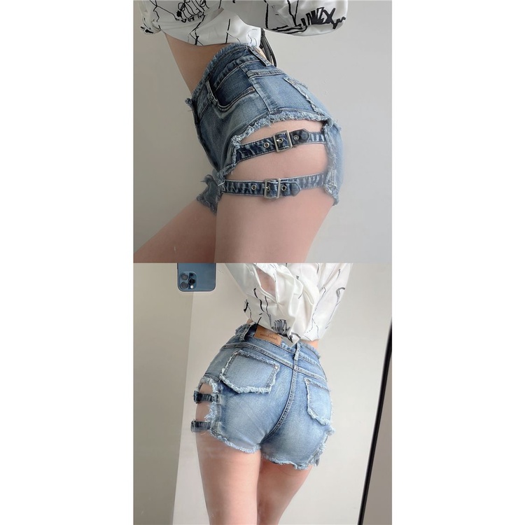 [Hàng Có Sẵn Giao Hàng Nhanh] Quần Short Denim Dáng Ôm Phối Tua Rua Thiết Kế Rỗng Phong Cách Mỹ Quyến Rũ Thời Trang Xuân Hè Mới Cho Nữ