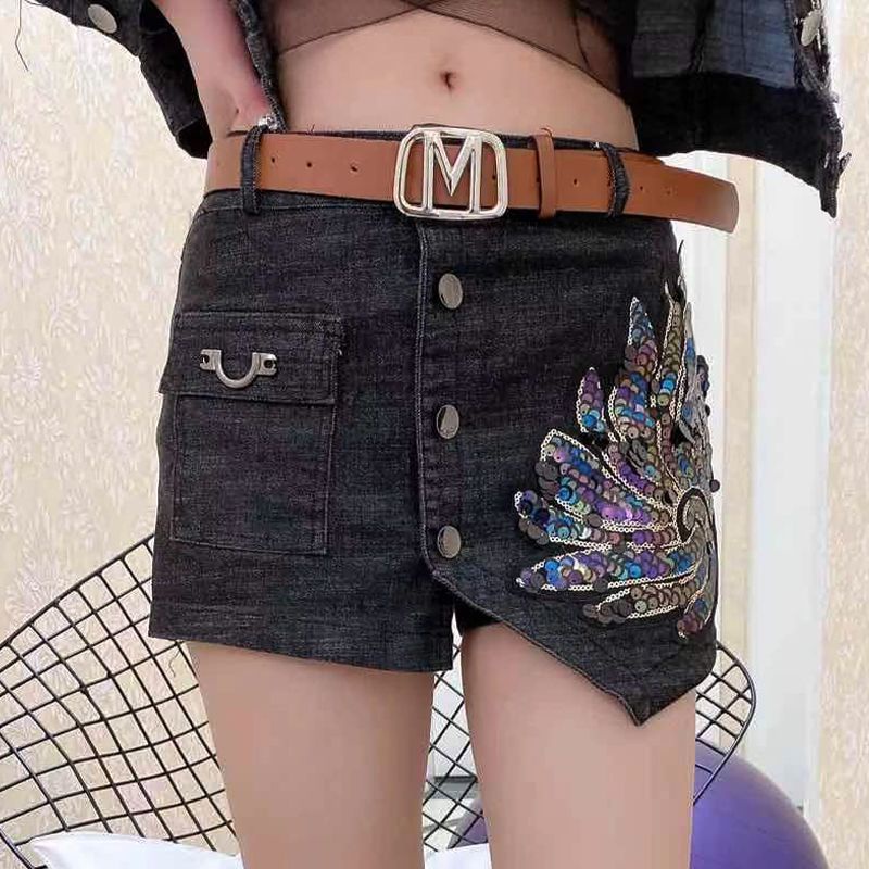 [Hàng Có Sẵn Giao Hàng Nhanh] Quần Short Denim Lưng Cao Dáng Ôm Đính Kim Sa Phong Cách Hàn Quốc Thời Trang Xuân Hè Mới Cho Nữ