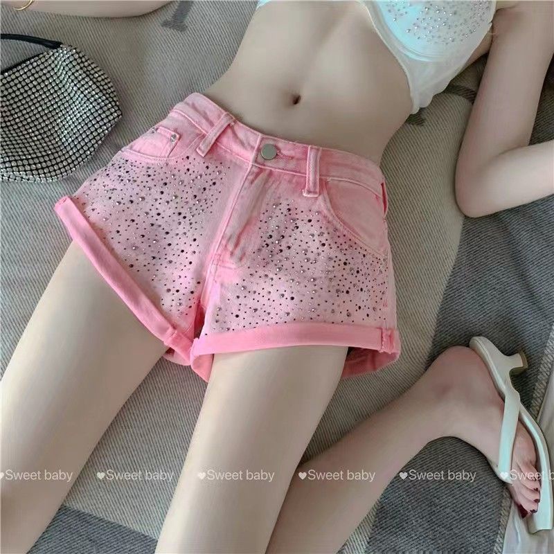[Hàng Có Sẵn Giao Hàng Nhanh] Quần Short Jean Ống Rộng Lưng Thấp Đính Đá Phong Cách Mỹ Mùa Hè Mới Cho Nữ Dopamine