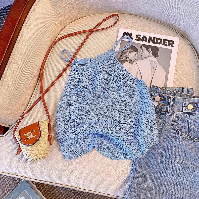 Áo Hai Dây Dệt Kim Hở Vai Màu Trơn Mùa Hè Ngọt Ngào Thời Trang Mới Mùa Hè Cho Nữ