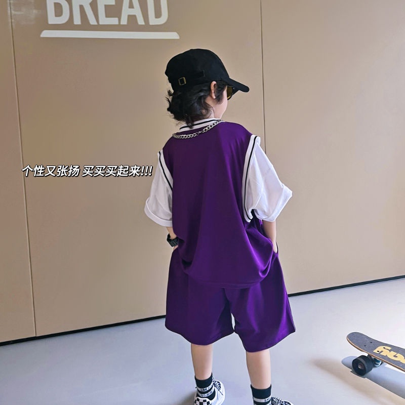 Bộ Đồ Thể Thao Giả Hai Mảnh Dáng Rộng Tay Ngắn Phong Cách Đường Phố Mỹ Cổ Điển Thời Trang Mùa Hè Dành Cho Bé Trai