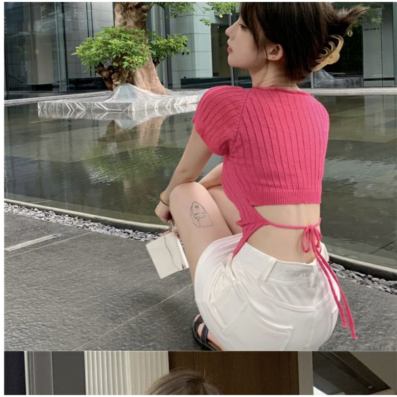 Áo Sweater Cổ Vuông Cột Dây Dáng Ngắn Phong Cách Thời Trang Mùa Hè Hàng Mới