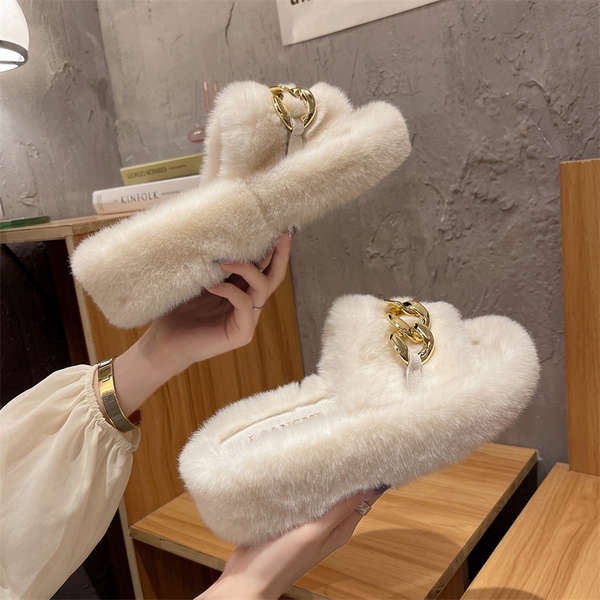 Dép Lông Xù Đế Dày 5-8CM Phối Quai Xích Cá Tính Thời Trang Hàn Quốc